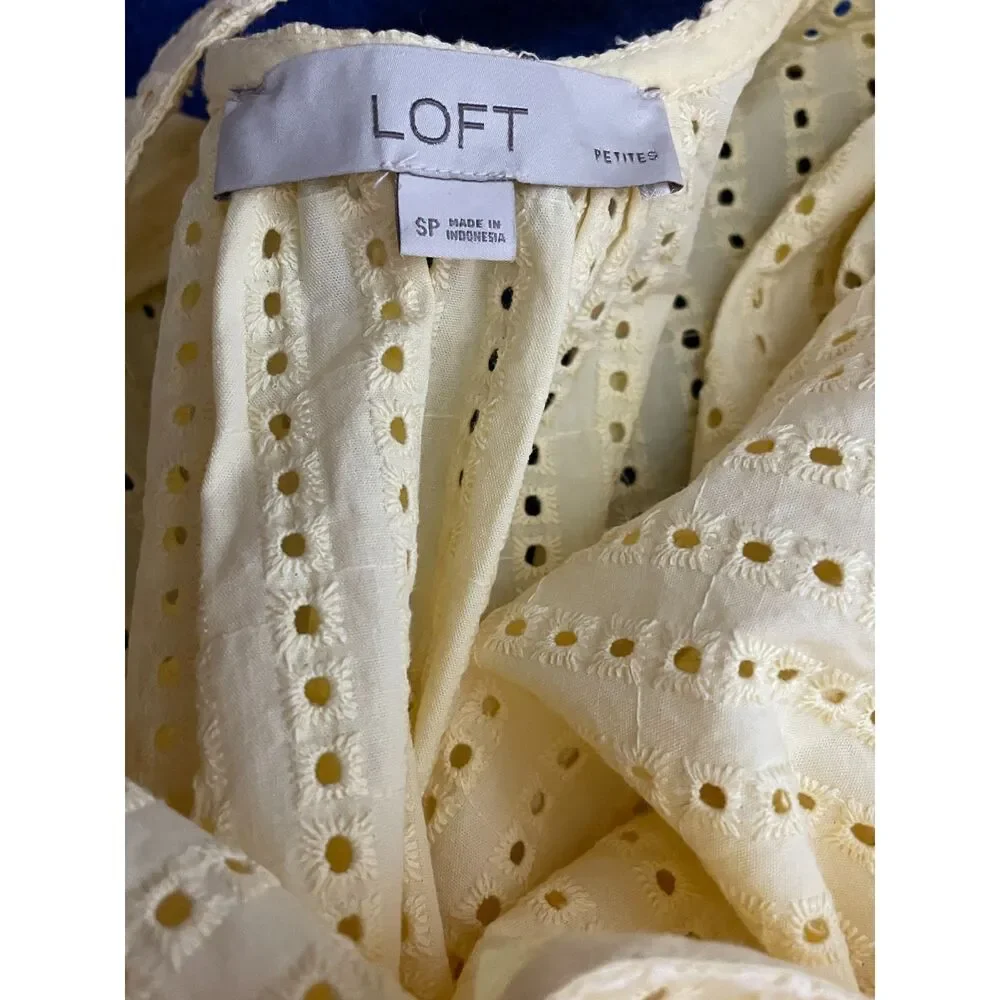 LOFT Butter Yellow Eyelet Cutout Back Bubble Sleeve Top Blouse Small